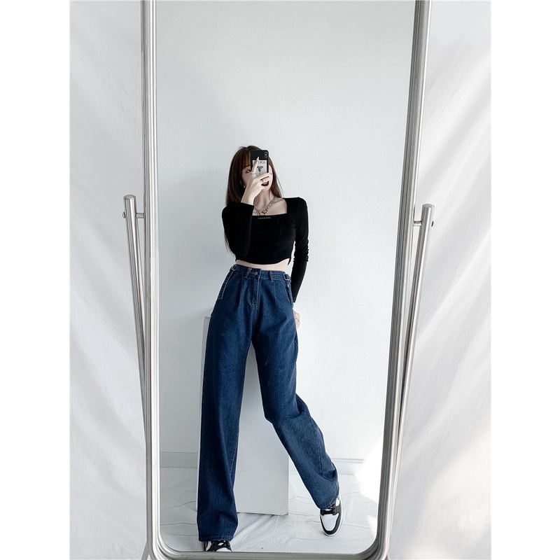 Quần jean cạp cao dáng rộng thiết kế mới thời trang phong cách Hàn Quốc