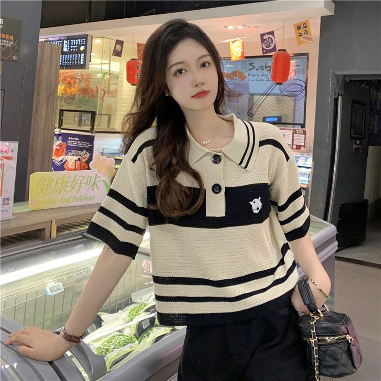 Áo polo Dệt Kim Tay Ngắn Dáng Rộng Họa Tiết Kẻ Sọc Thời Trang Mùa Hè 2022 Dành Cho Bạn Nữ