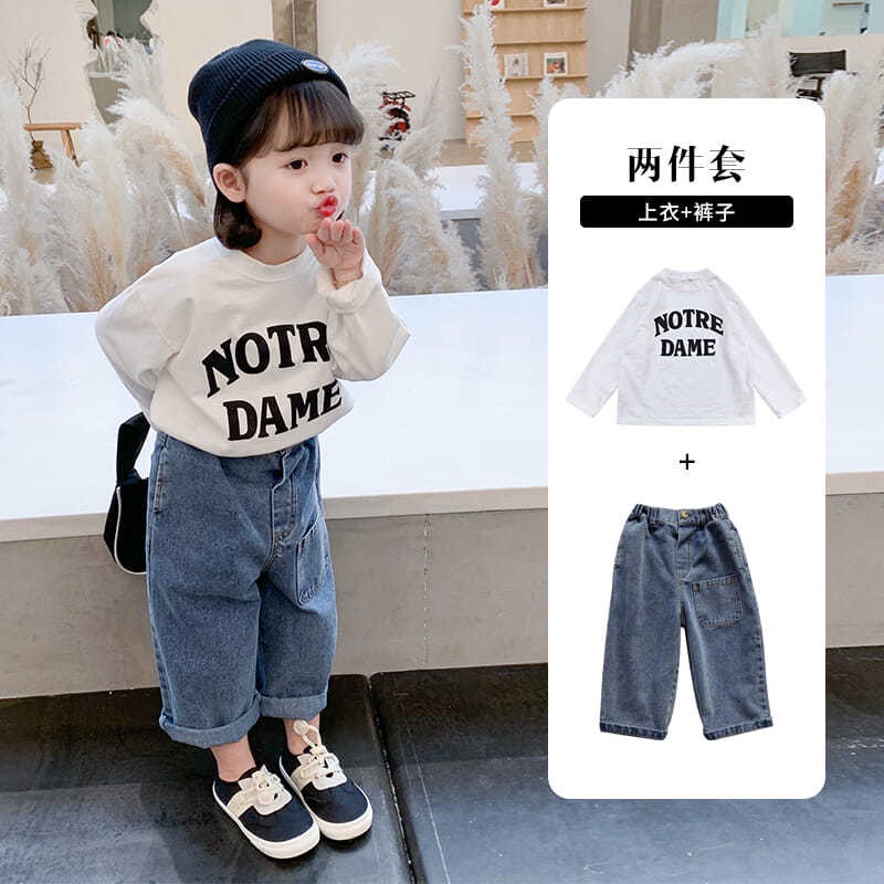 Bộ 2 món quần denim ống rộng và áo tay dài phong cách phương Tây kiểu dáng Hàn Quốc thời trang xuân thu cho bé