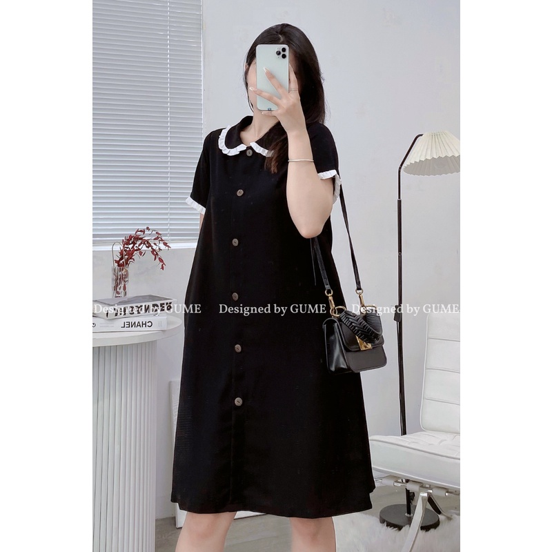 Váy bầu mùa hè đẹp GUME màu đen dáng suông cổ sen cúc gỗ dọc tay cộc chất vải sạn lụa mềm MB93- ảnh thật