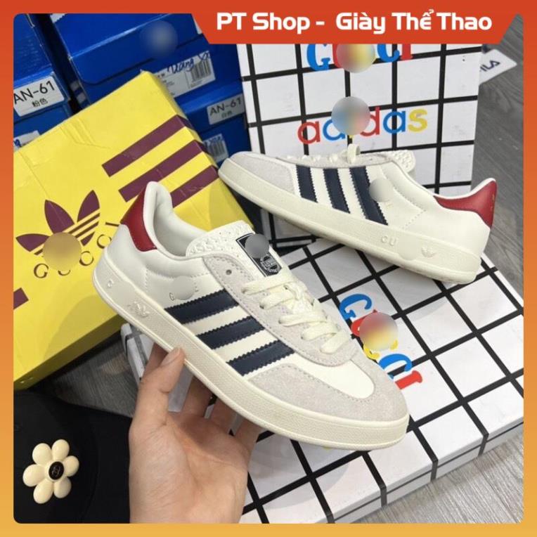 Giày thể thao Sneaker Gu.cci x Adida.s Originals Gazelle , Giầy ads nam nữ da lộn trắng kem gót đỏ 3 sọc đen