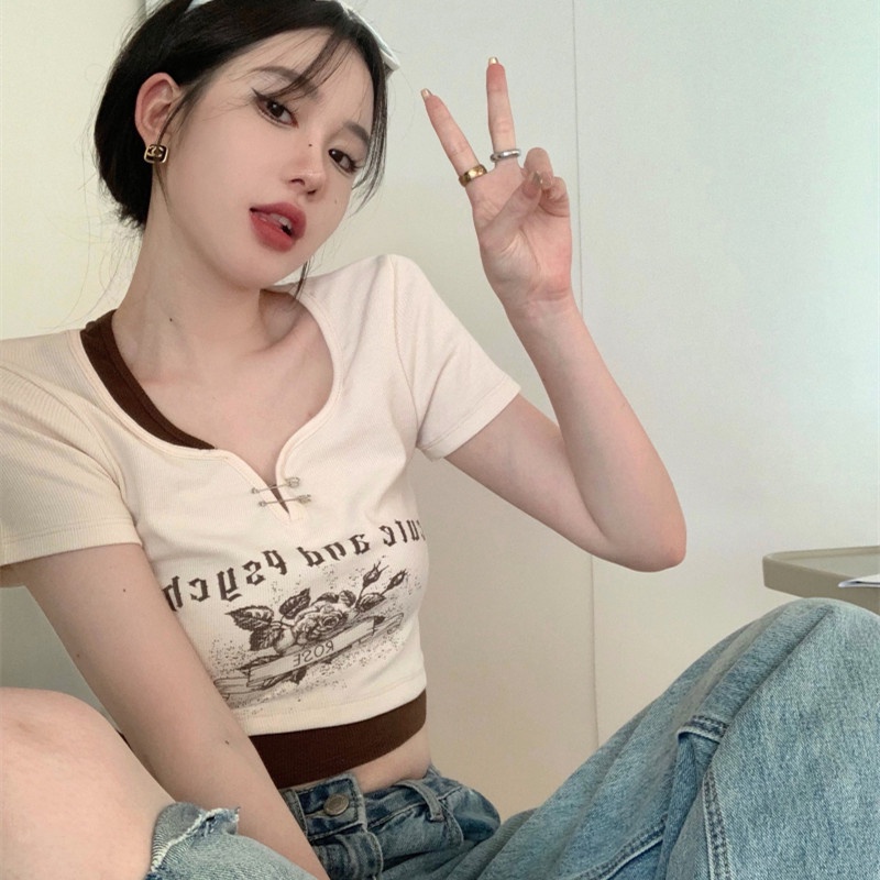 Áo Thun Croptop Tay Ngắn In Họa Tiết Phong Cách Retro Thời Trang Cho Nữ