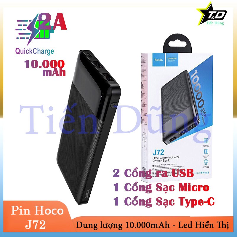 Pin sạc dự phòng 10000mAh Hoco J72 có 2 cổng ra USB đèn led hiển thị pin