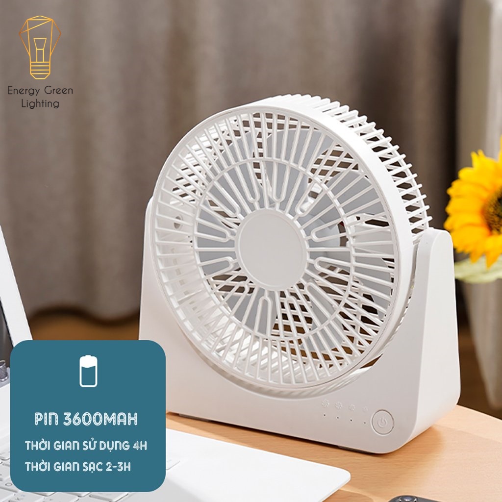 Quạt Tích Điện Để Bàn Energy Green Lighting F4 - 4Tốc Độ Gió - Pin 3600mAh Siêu Khỏe - Lật Lên Lật Xuống 90 Độ