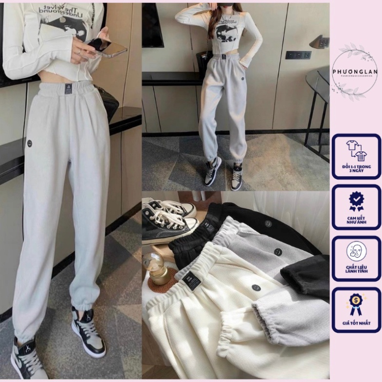 Quần jogger 🌸 Quần dài thu đông thêu mặt cười chốt gấu chất gân tăm dành cho nữ PHULA style Hàn Quốc Ulzzang