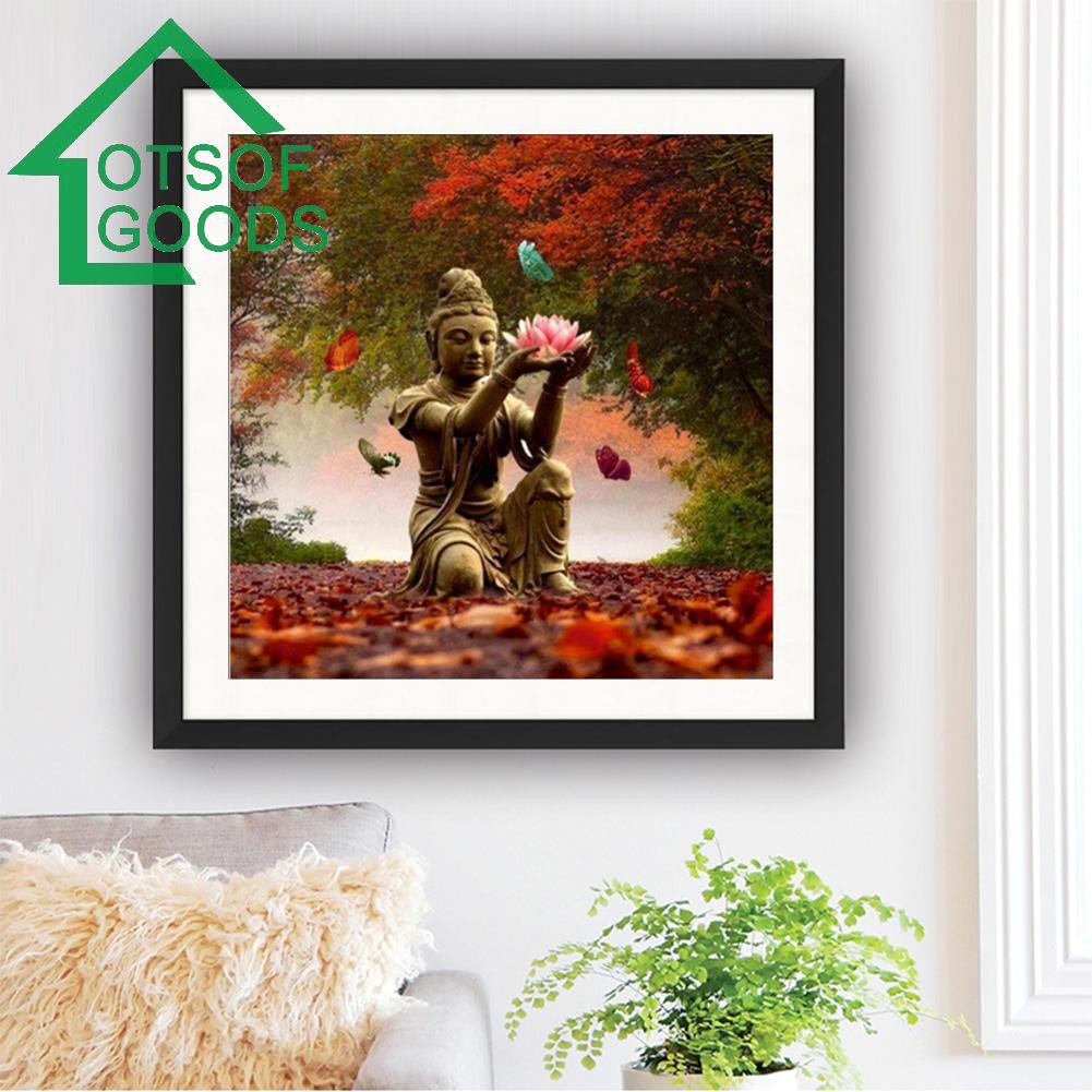 Tranh thêu chữ thập trang trí thủ công 5D hình Phật và hoa sen