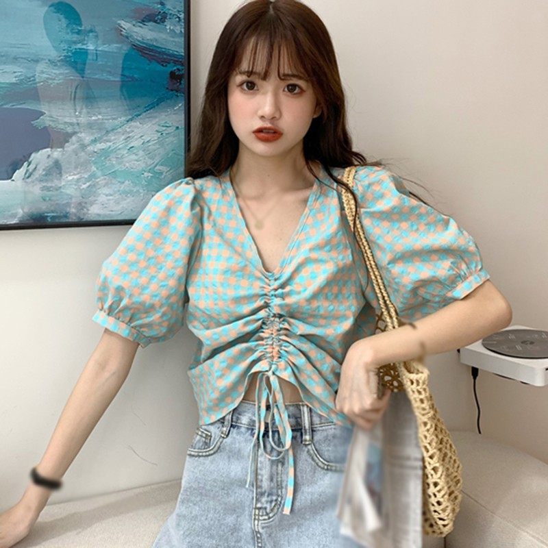Áo Kiểu Tay Phồng Cổ Chữ V Họa Tiết Sọc Caro Thiết Kế Đơn Giản Thời Trang Dành Cho Nữ