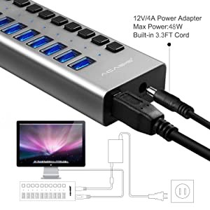 Bộ Chia 10 Cổng USB 3.0 ACASIS 12V / 4A Cho Laptop / PC / Mobile HDD