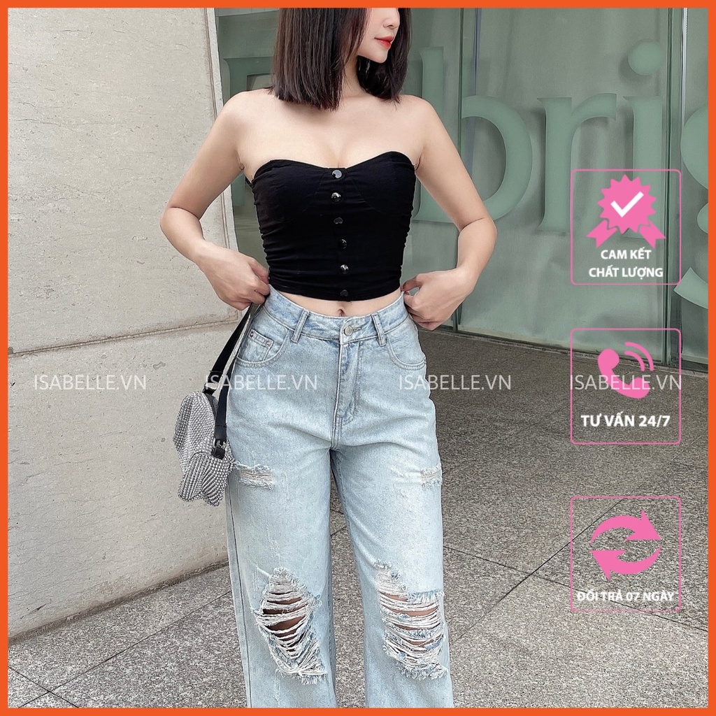 Quần Jean Cạp Cao Rách Gối Ống Rộng ISABELLE - Màu Xanh Nhạt - Chất Jean Dày Dặn Không Cứng - Mã SR204R