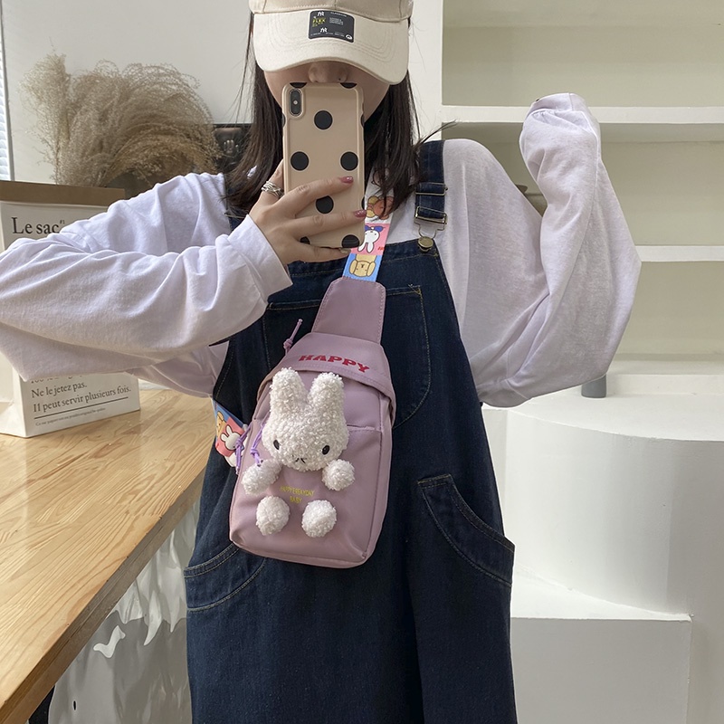 Túi Đeo Chéo Trước Ngực Vải Canvas Hình Chú Thỏ Dễ Thương Xinh Xắn Cho Bé Gái