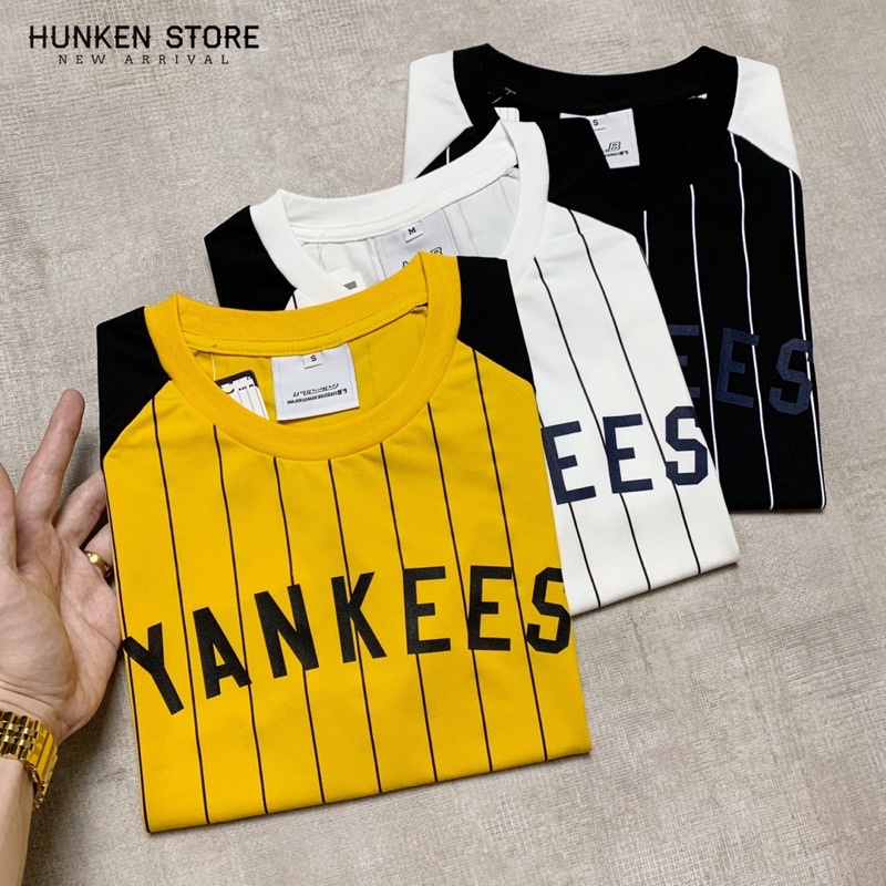 Áo thun nam M.L.B in sọc logo chữ YANKEES phông cổ tròn tay ngắn pull thể thao bóng chày Cotton cao cấp | HunKen Store
