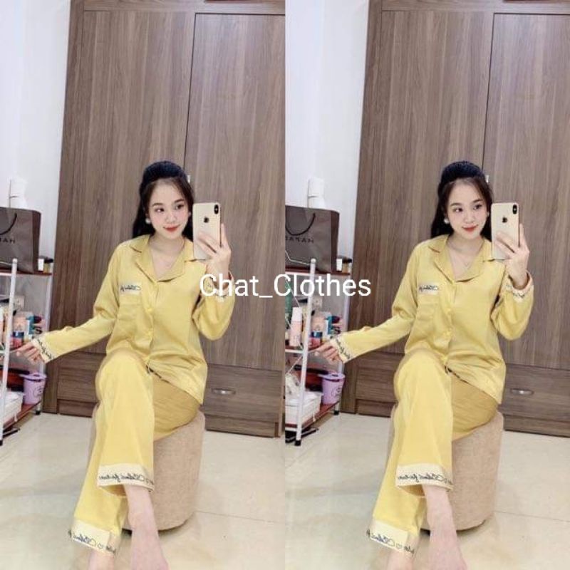 Bộ Pyjama Lụa Tay Dài Viền Chữ Cao Cấp - Hàng thiết kế có size [kèm video ảnh thật]