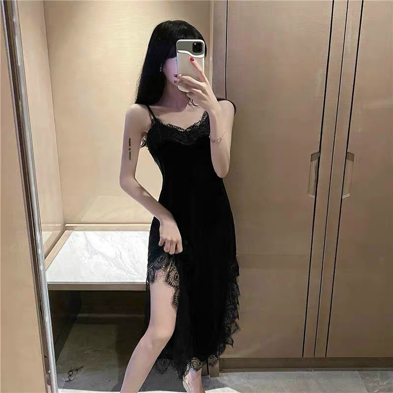 Đầm Ngủ Nhung Tiểu Thư Dáng Dài Phối Ren Sang Chảnh Quyển Rũ Minhduongct