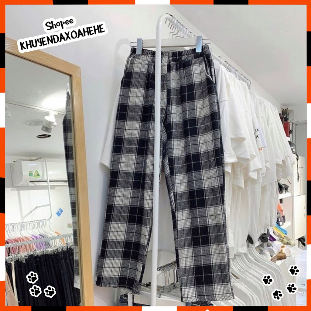 Q002 Quần ống rộng thô đũi caro cạp chun lưng cao cute, quần culottes ống suông dài karo vintage retro unisex Hàn Quốc