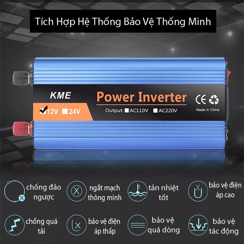 Bộ Kích Điện 12V sang 220V 500W Hiệu KME xịn vỏ Nhôm Quạt tản nhiệt