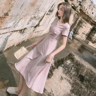 ĐẦM MIDI HỒNG CARO CỔ V (KÈM HÌNH THẬT)