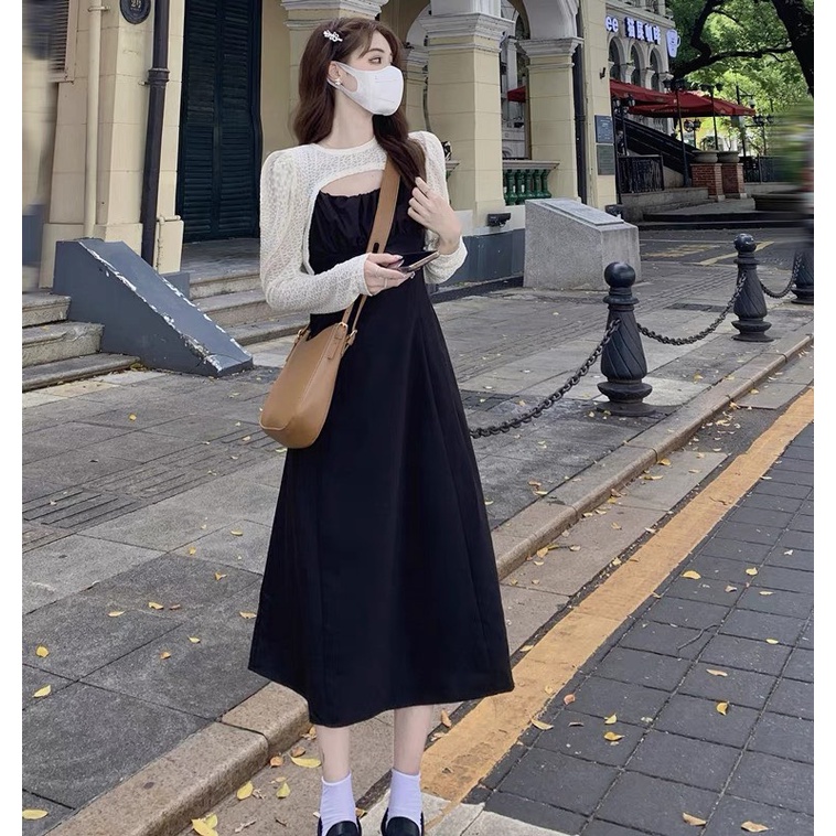 Set váy 2 dây nhung kèm khoác ngoài ô lưới dài tay mã 1587 Maia.clothes
