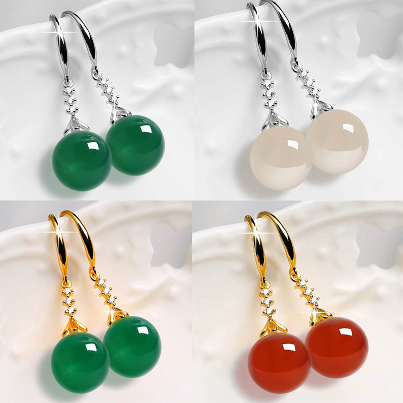 Khuyên tai dáng dài mặt bạc đính hạt ngọc chalcedony nhiều màu sắc