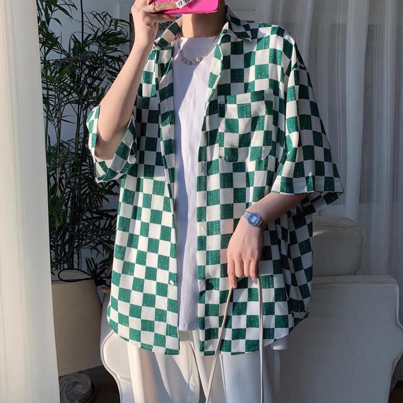 Áo Sơmi Tay Lở Unisex Caro Có Túi