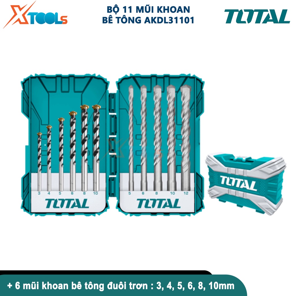 Bộ 11 mũi khoan bê tông đuôi trơn và đuôi gài TOTAL TACSDL31101, bộ 11 mũi khoan kích thước 3 -12mm [CHÍNH HÃNG][XTOOLS]