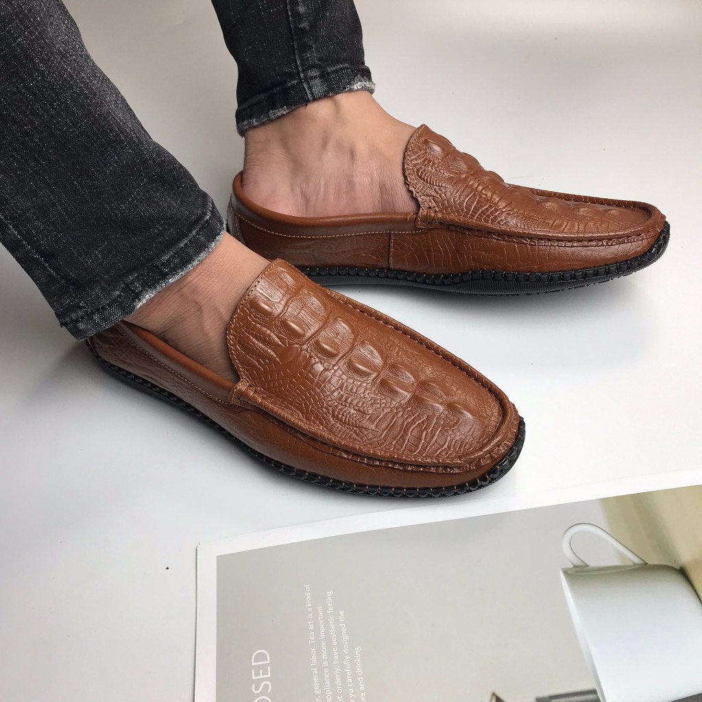 GIÀY LƯỜI NAM - CHẤT DA BÒ 100%, ĐẾ CAO SU ĐÚC- MÀU NÂU - DẬP VÂN CÁ SẤU | BigBuy360 - bigbuy360.vn