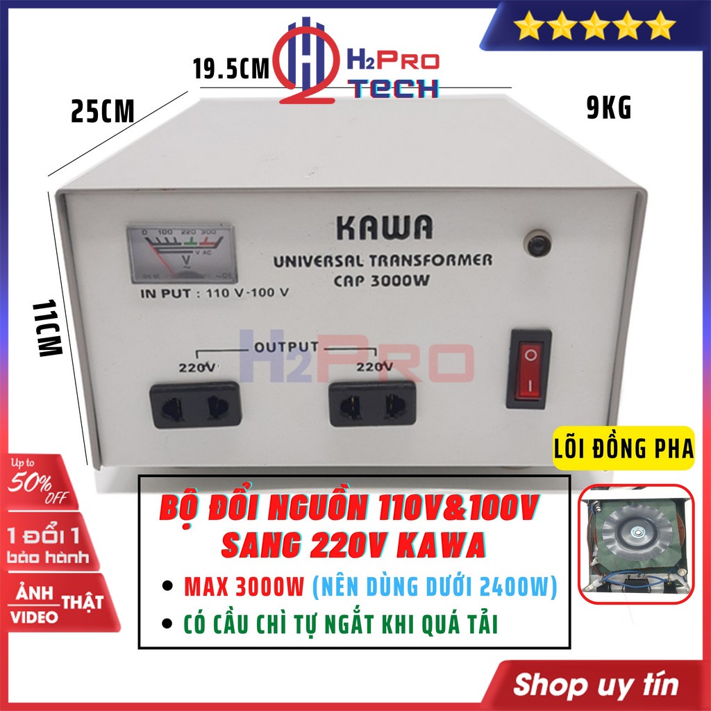 Đổi Nguồn 220V Sang 110V-100V 3000W Kawa Hoặc Đổi Ngược Nguồn 110V Sang 220V Cao Cấp-Dùng Cho Máy Dưới 2400W-H2Pro Tech