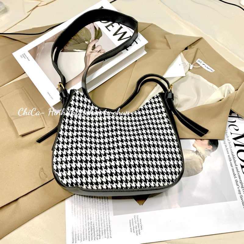 Túi Đeo Vai Đeo Chéo Da PU Phối Caro Hai Màu Có Kèm Móc Khoá Thỏ Xinh Xắn Thời Trang Hàn Quốc