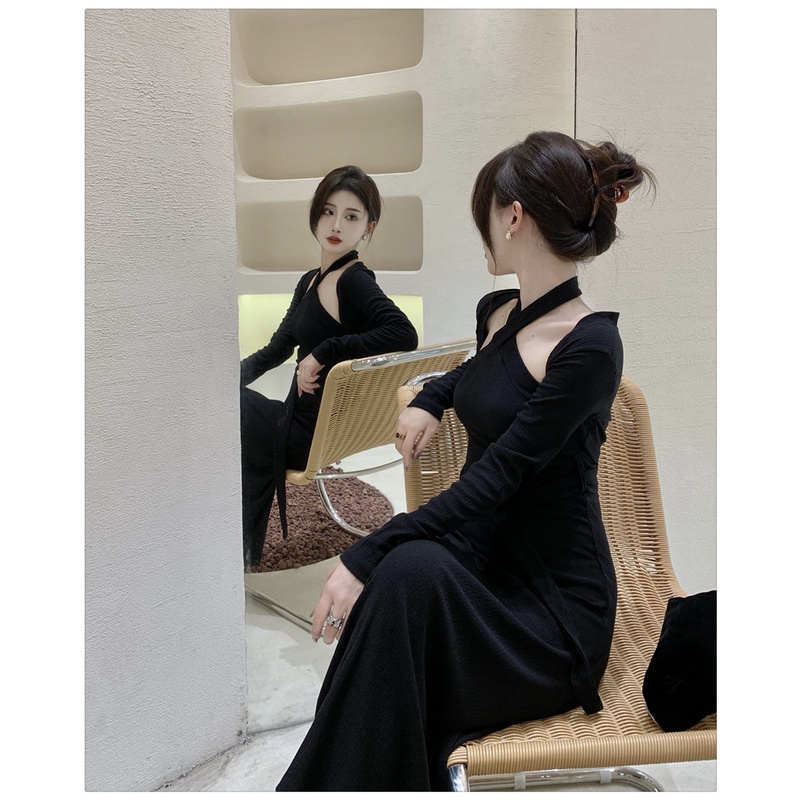 Set đồ COZOKC gồm đầm và áo khoác cardigan dáng ngắn phong cách cổ điển