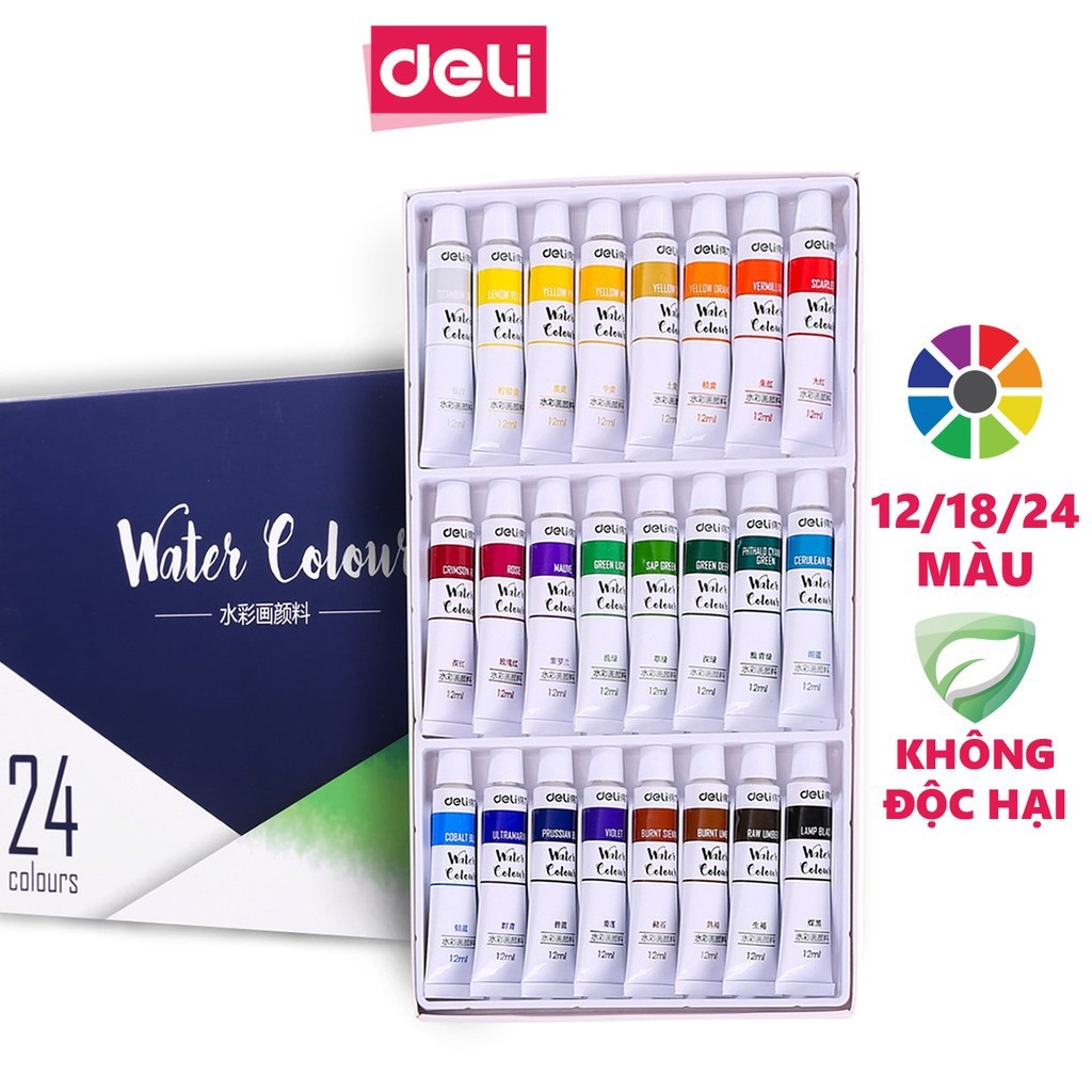 Màu nước dạng tuýp Deli - 12 màu/18 màu/24 màu - 73850 / 73851 / 73852