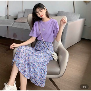 Bán sỉ set bộ áo phông tím hoa cúc kèm chân váy