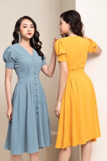 Đầm Cổ V Tay phồng nút bọc xt