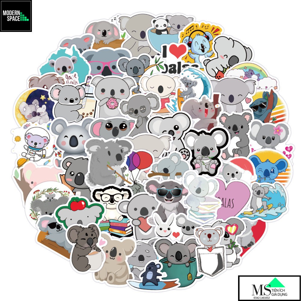 Sticker PVC Gấu Koala ST-143 - Cả bộ 50 Hình dán Stickers Chống nước Dán Xe Mũ bảo hiểm Vali Laptop Điện thoại