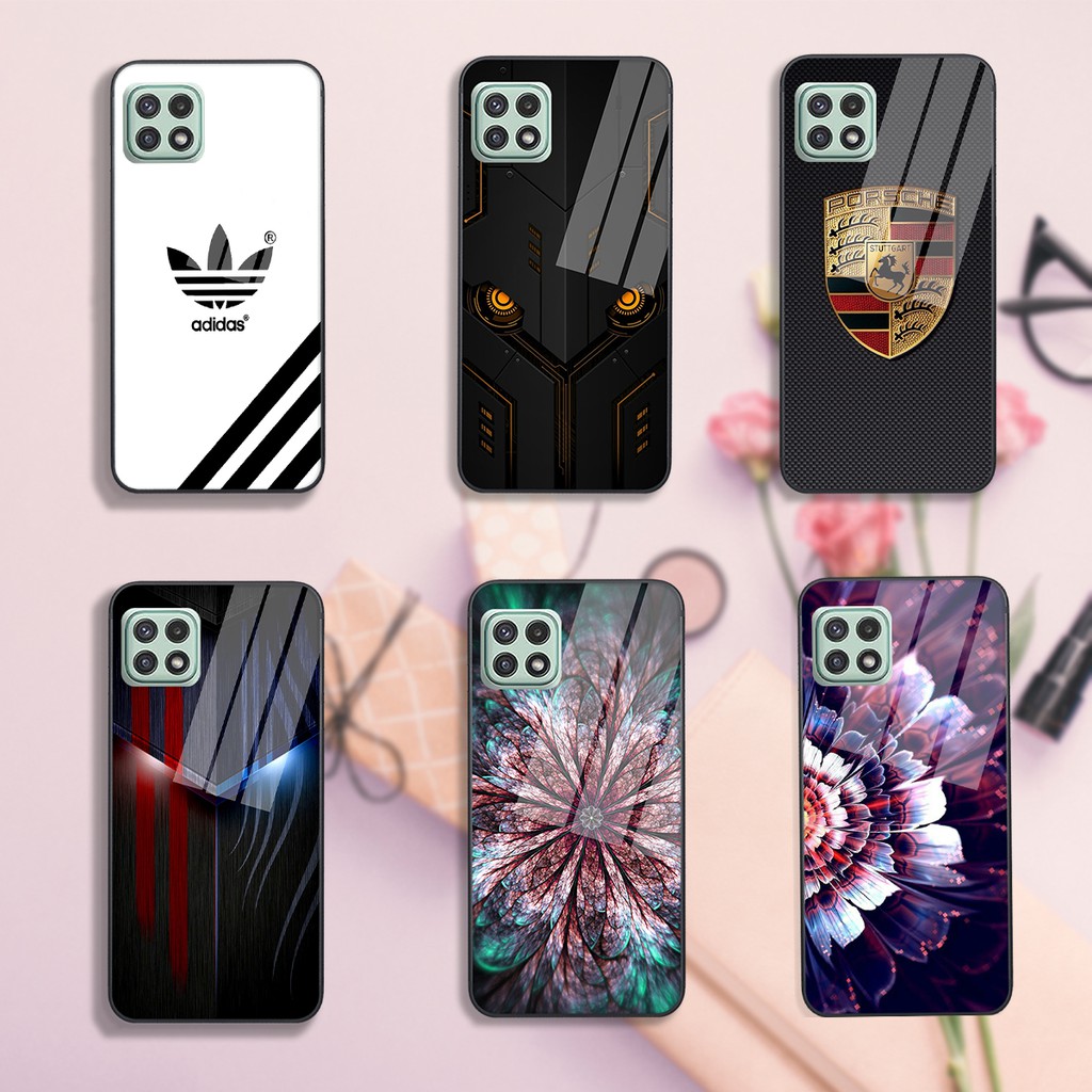 Ốp lưng Kính Samsung A22 - A12 - A32 - A52 - A72 -in hình Adidasss trắng và họa tiết hoa sắc nét , ốp kính cường lực bền