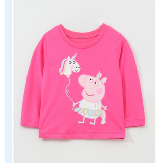 Mã 5660 áo thun dài tay bé gái màu hồng đậm hình lợn Peppa cầm bóng bay ngựa kì lân của Malwee