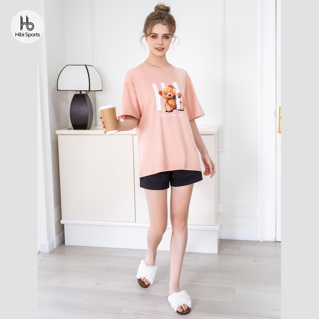 Áo thun tay lỡ Hibi Sports Teddy Bear SAY HI ST003 kiểu phông unisex nam nữ, vải cotton Premium, form oversize