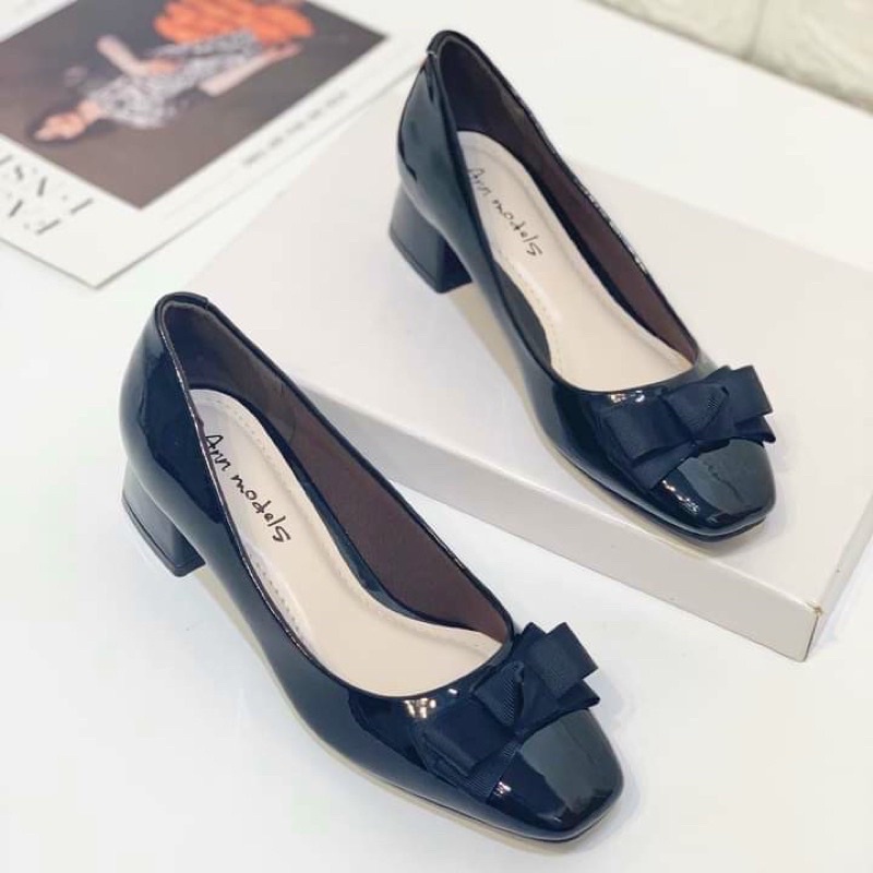 Giày cao gót da bóng mũi vuông gót trụ 3p nơ lụa hàng Việt nam xuất khẩu