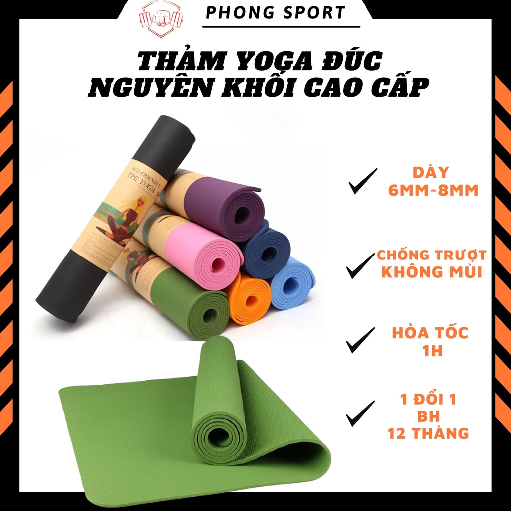 Thảm Tập Yoga Gym 1 Lớp Đúc Nguyên Khối Cao Cấp Chống Trượt TPE Dày 6mm-8mm T1L