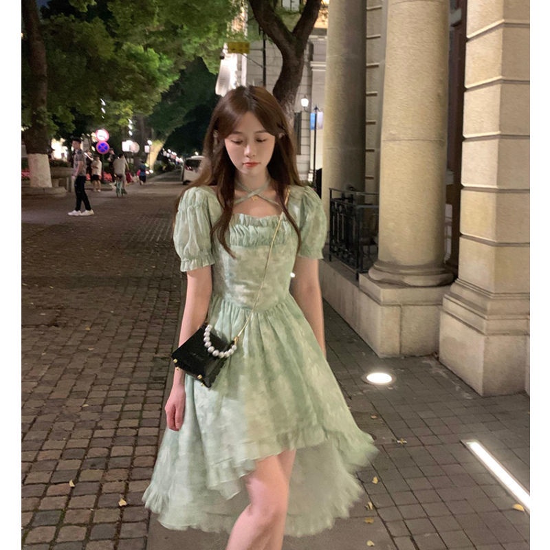 Đầm Voan Tay Phồng Cổ Vuông Họa Tiết Hoa Thiết Kế Bất Đối Xứng Thời Trang Pháp