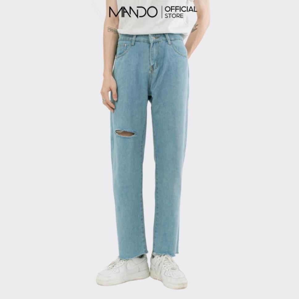 Quần Jean Nam Rách Gối MANDO Vải Bò Cao Cấp 2 Màu Xanh Đen Form Suông Rộng Basic Unisex Thời Trang Hàn Quốc QJN056 ! '