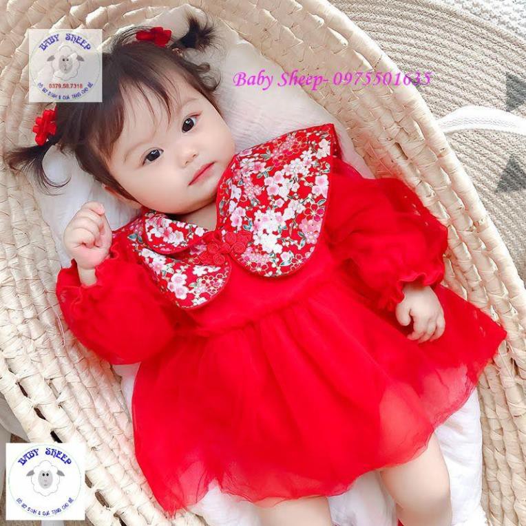 Váy body cổ gấm hoa cotton phối ren cực sang chảnh- Hàng cao cấp loại 1 cho bé sơ sinh thôi nôi diện Tết