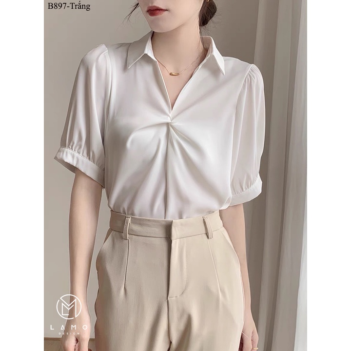 Áo sơ mi công sở nữ lụa ngoc trai cổ xoắn tay ngắn LAMO- B897