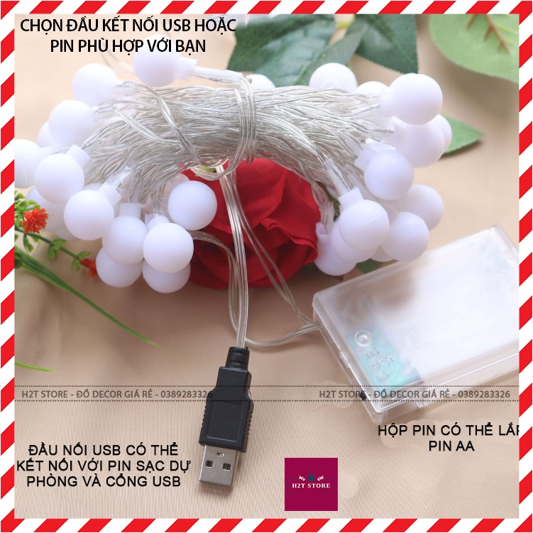Dây đèn led trang trí phòng ngủ cherry ball , đèn led dán tường dùng pin hoặc usb tặng kèm dây và kẹp gỗ treo ảnh
