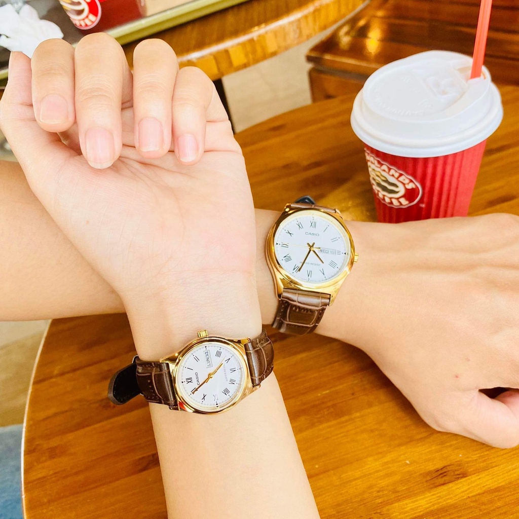 Đồng hồ nam nữ dây da Casio V006GL-7B Mặt trắng viềng vàng - Kính khoáng chống nước Bảo hành 1 năm Hyma watch