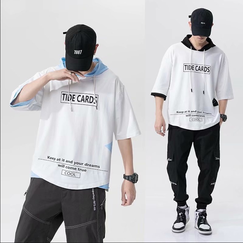 áo hoodie nam tay ngắn áo giả hai lớp Dáng Rộng Thời Trang Cá Tính in phong cách Hàn Quốc Hợp thời trang siêu đẹp from rộng hoodie