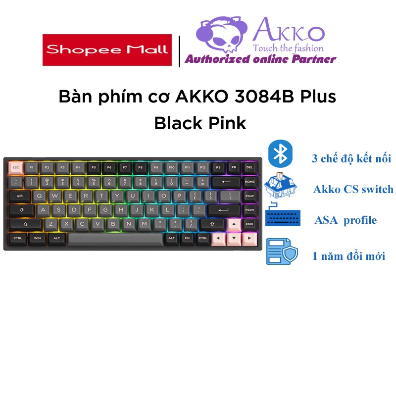 Bàn phím cơ không dây AKKO 3084B Plus Black Pink (Bluetooth 5.0 / Wireless 2.4Ghz / Hotswap)