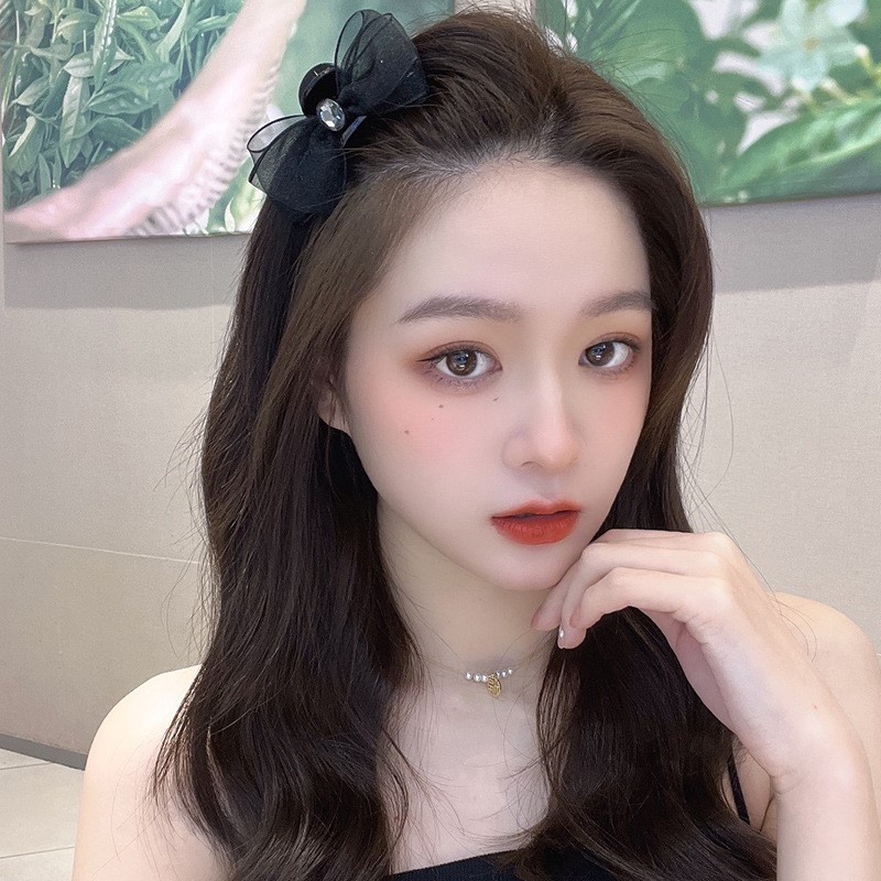 Kẹp Tóc Nơ Kim Loại Hai Mặt Đính Đá Lấp Lánh Màu Đen Phong Cách vintage Hàn Quốc Cho Nữ