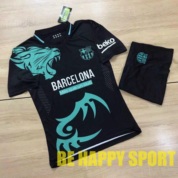 Bộ Áo Đá Banh BARCELONA ( BARCA) Den Họa Tiết Xanh Vải Thun Thái Cực Chất - Áo Thể Thao Nam PP Bởi Be Happy Sport