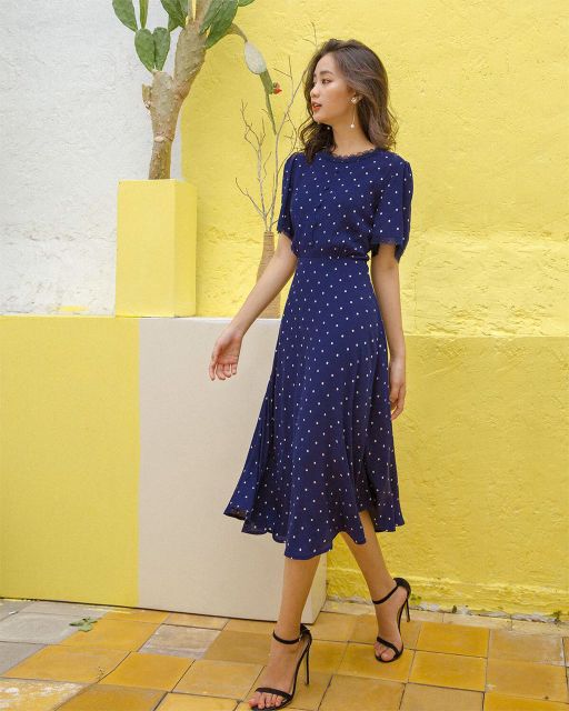 Đầm xòe bi tay phối ren Mentosa D1027