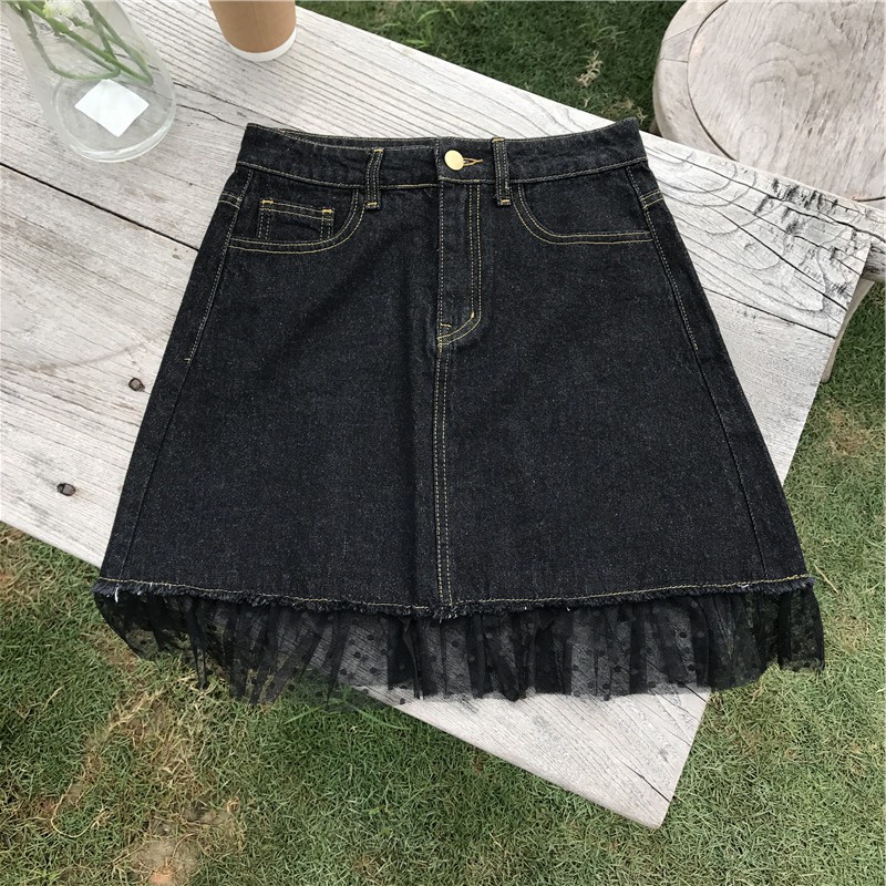 Chân Váy Denim Màu Đen Phối Lưới Có Size Lớn Phong Cách Thời Trang Hàn Quốc 2020