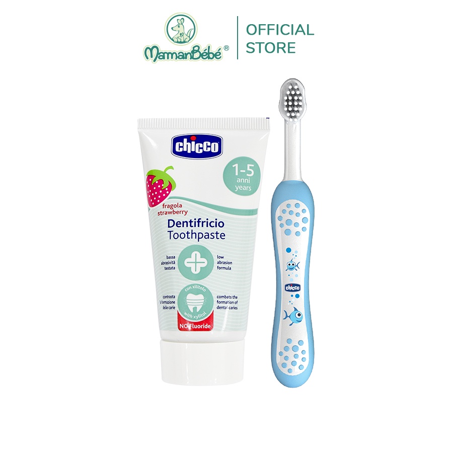 Combo Kem đánh răng hương Dâu 50ml Chicco 12M+ &amp; Bàn chải đánh răng Chicco